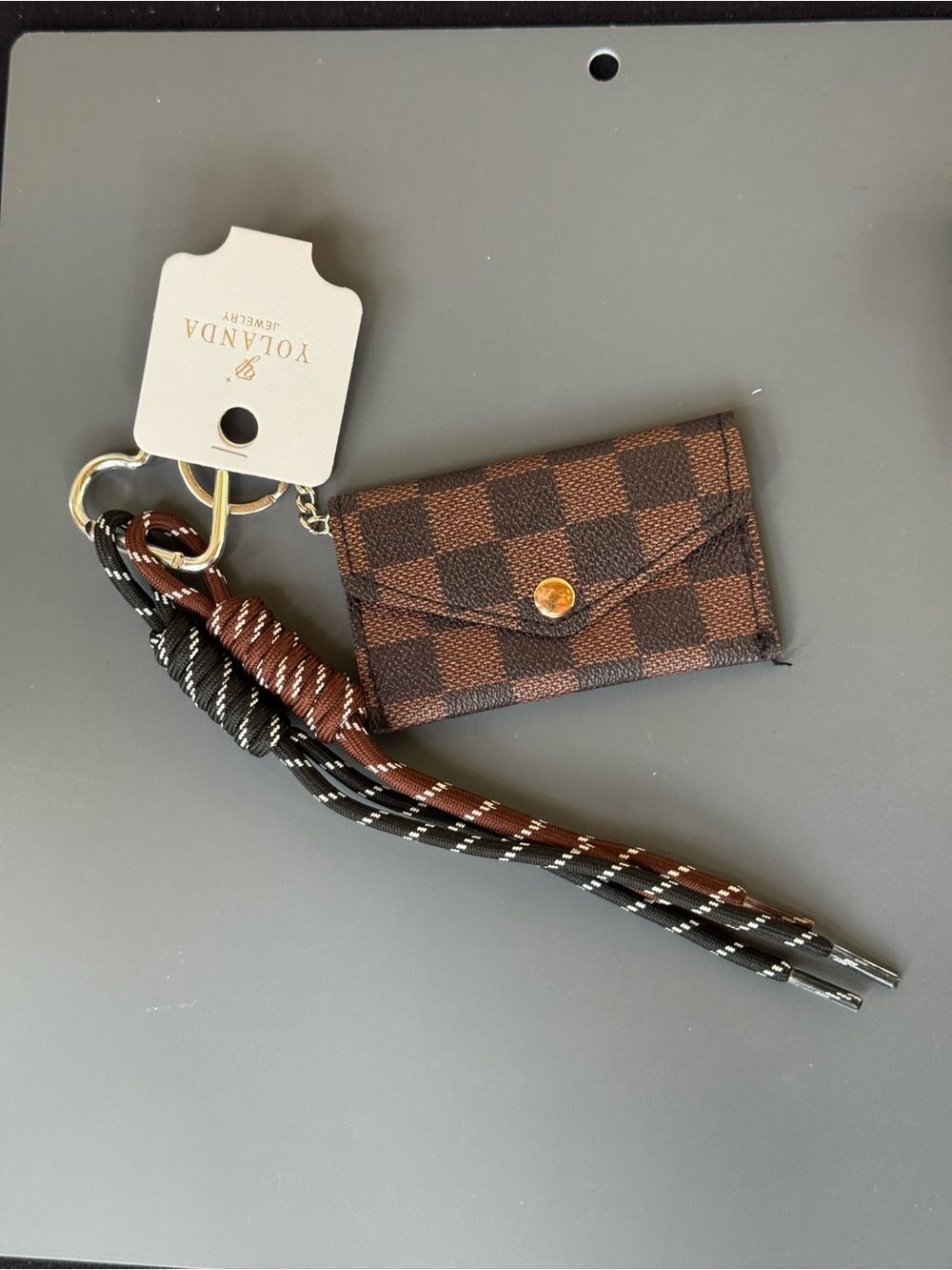 Yolanda Jewelry Brown Checkered Mini Card Holder Wallet Keychain Bag Charm NWT